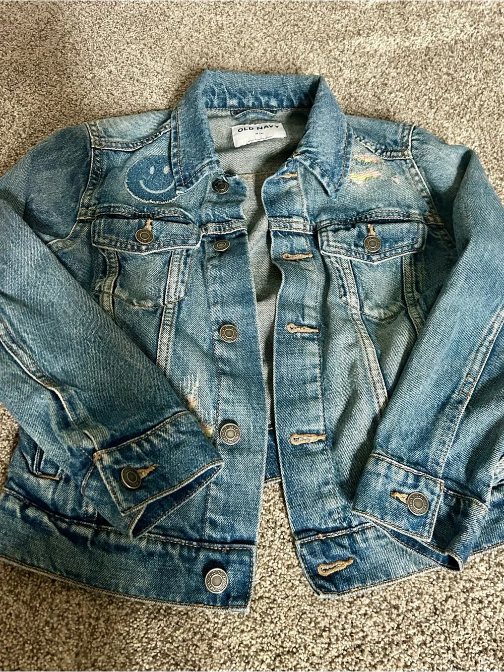 Old Navy Distressed Denim Jean Jacket with Smiley and Rainbow Accents
